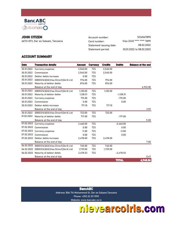 Tanzania BancABC bank statement, Excel and PDF